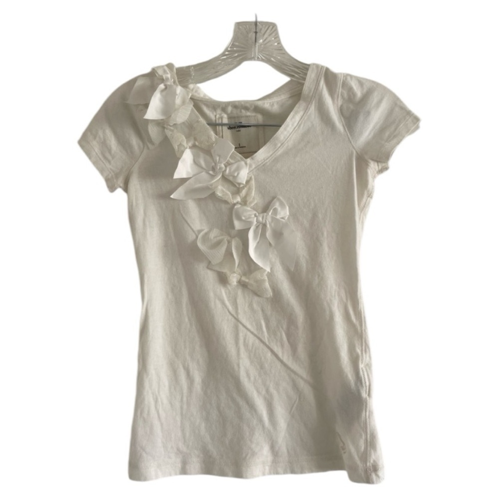 ABERCROMBIE KIDS Girls Off WhitsShort Sleeve V Neck Lace Bows T-Shirt Top-Size S